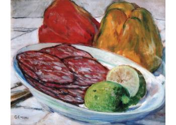 Natura morta con fette di salame, limoni e peperoni Natura morta con fette di salame, limoni e peperoni